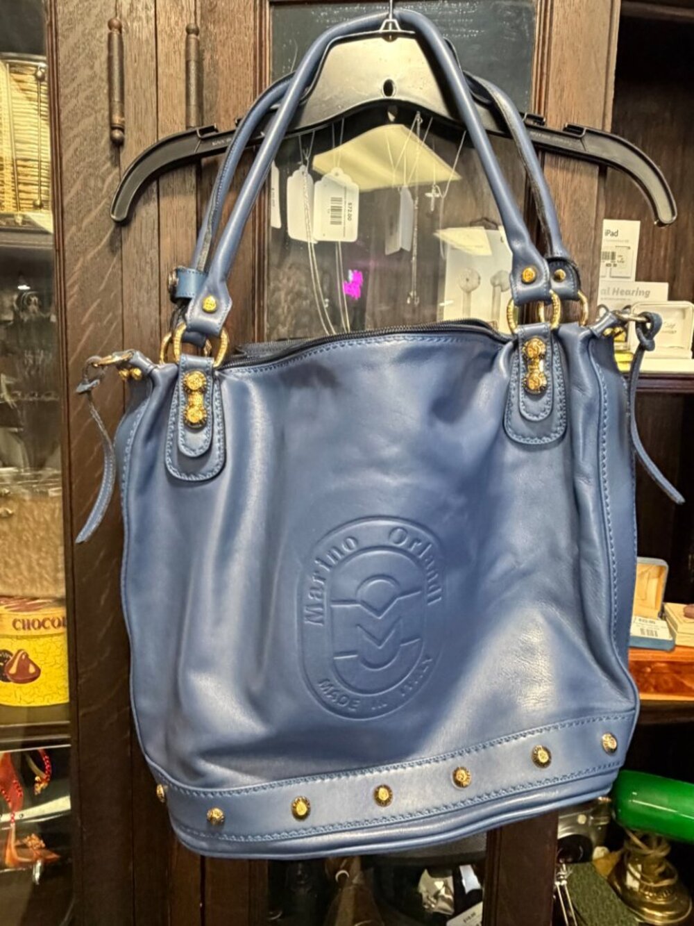 Marino Orlandi Blue Italian Leather Tote Shoulder Bag Made In Italy